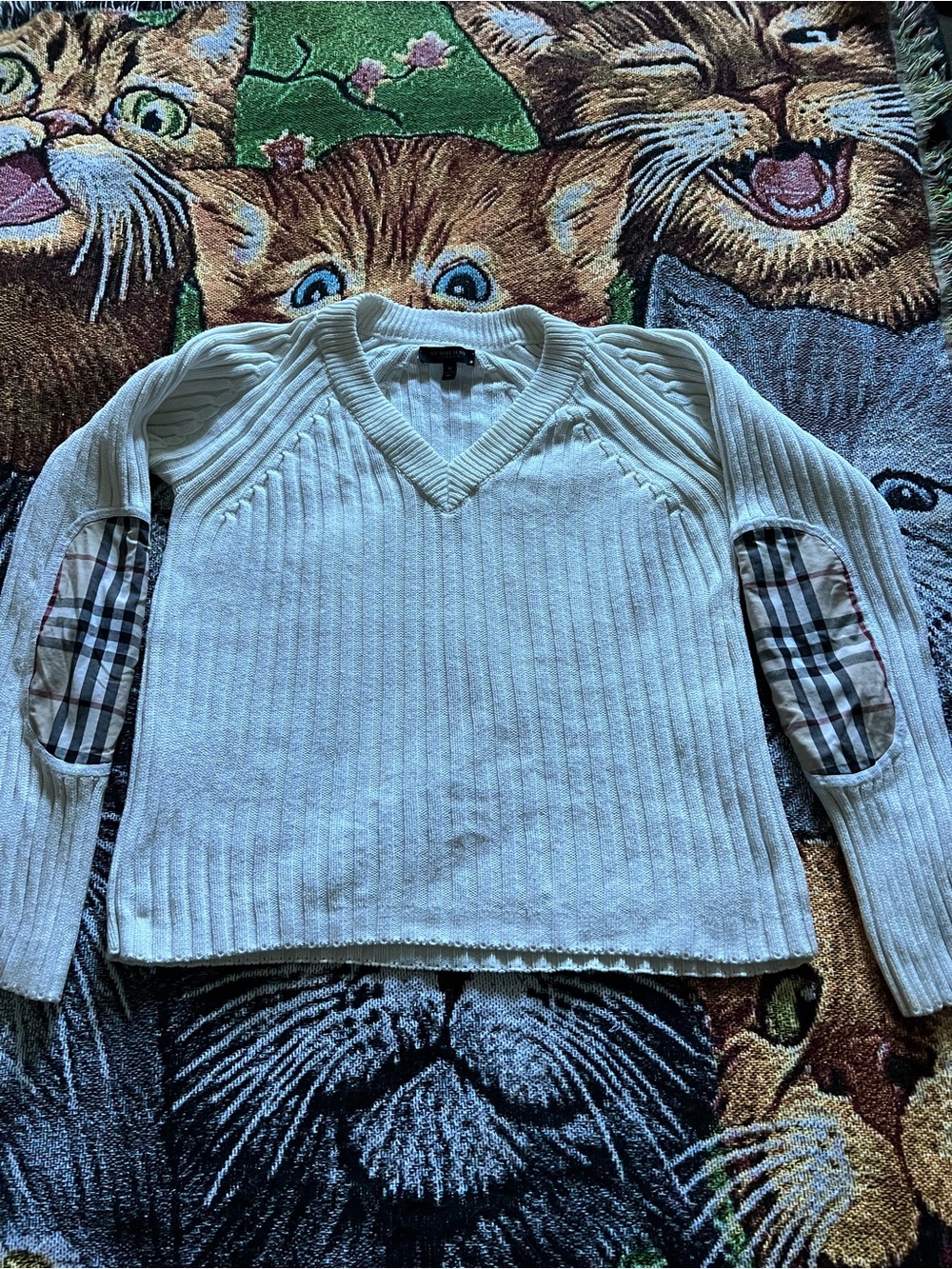 Burberry White V-Neck Ribbed Sweater with Plaid Elbow Patches